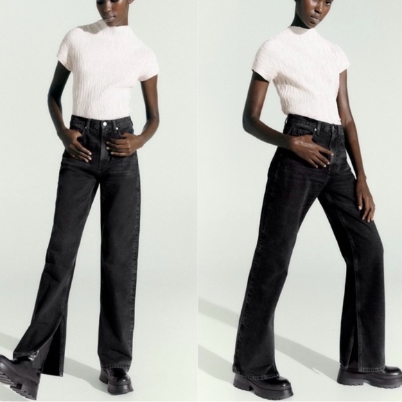 Zara Split Wide Leg TRF Black Jeans | Straight Loose, High Rise, Full Length - Picture 2 of 7